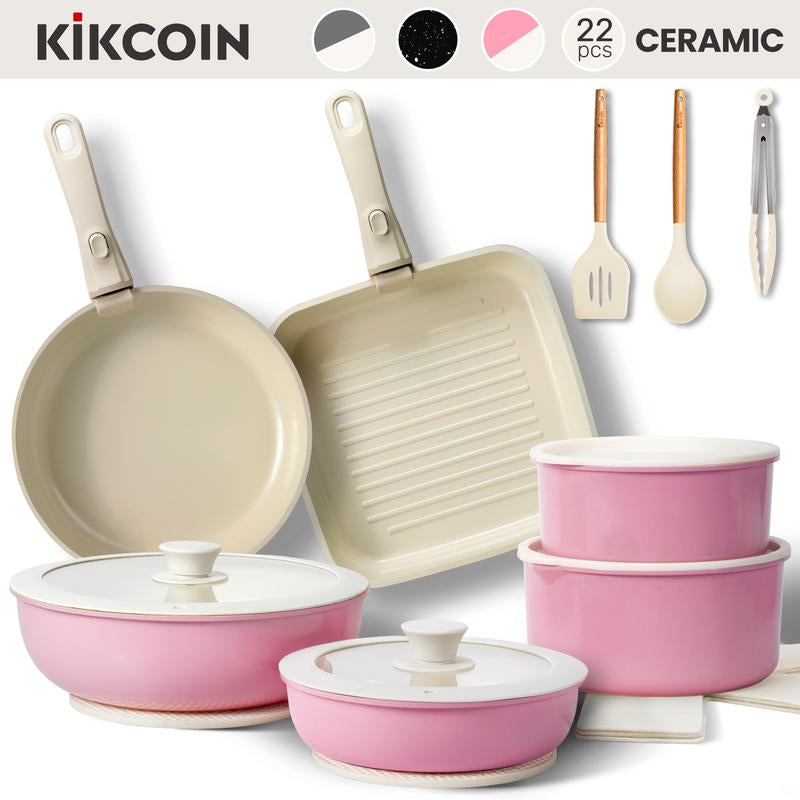 Kikcoin Non-Toxic Nonstick Ceramic 22 Pcs Pots and Pans Set Complete Cookware Set with Lids,Detachable Handle,Pfas-Free,Dishwasher Oven Safe,Kitchen Outdoorfun Induction Compatible Handwashing Recommended, Stovetops