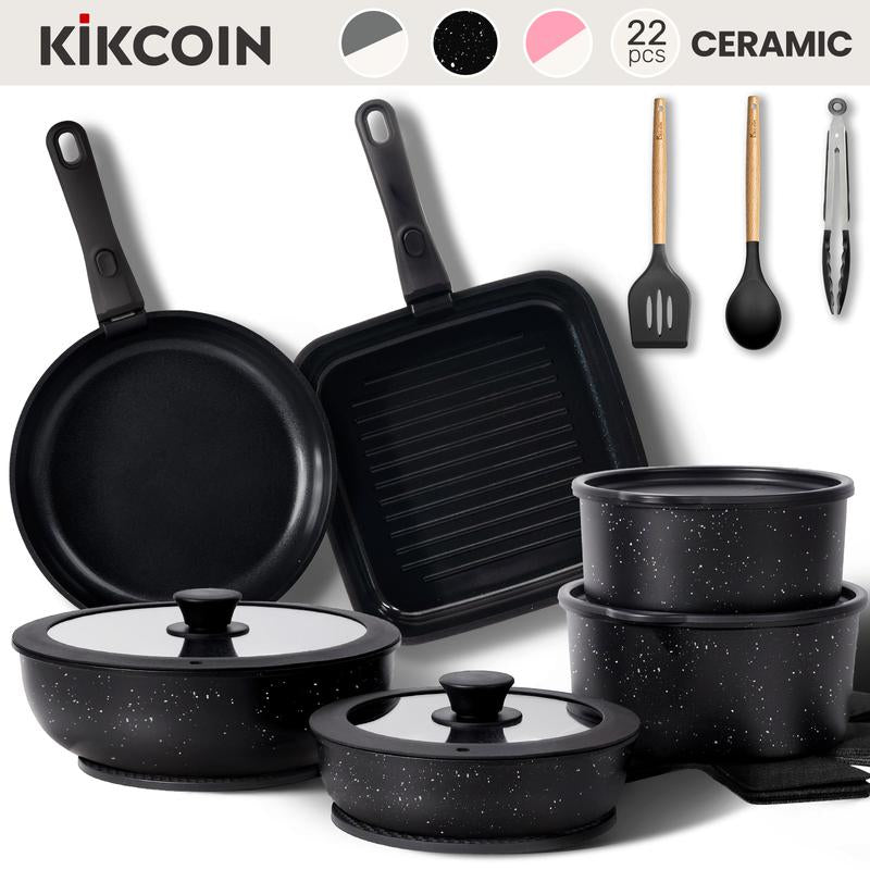 Kikcoin Non-Toxic Nonstick Ceramic 22 Pcs Pots and Pans Set Complete Cookware Set with Lids,Detachable Handle,Pfas-Free,Dishwasher Oven Safe,Kitchen Outdoorfun Induction Compatible Handwashing Recommended, Stovetops
