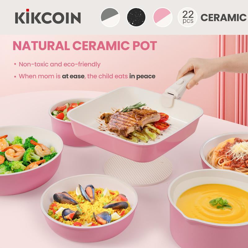 Kikcoin Non-Toxic Nonstick Ceramic 22 Pcs Pots and Pans Set Complete Cookware Set with Lids,Detachable Handle,Pfas-Free,Dishwasher Oven Safe,Kitchen Outdoorfun Induction Compatible Handwashing Recommended, Stovetops