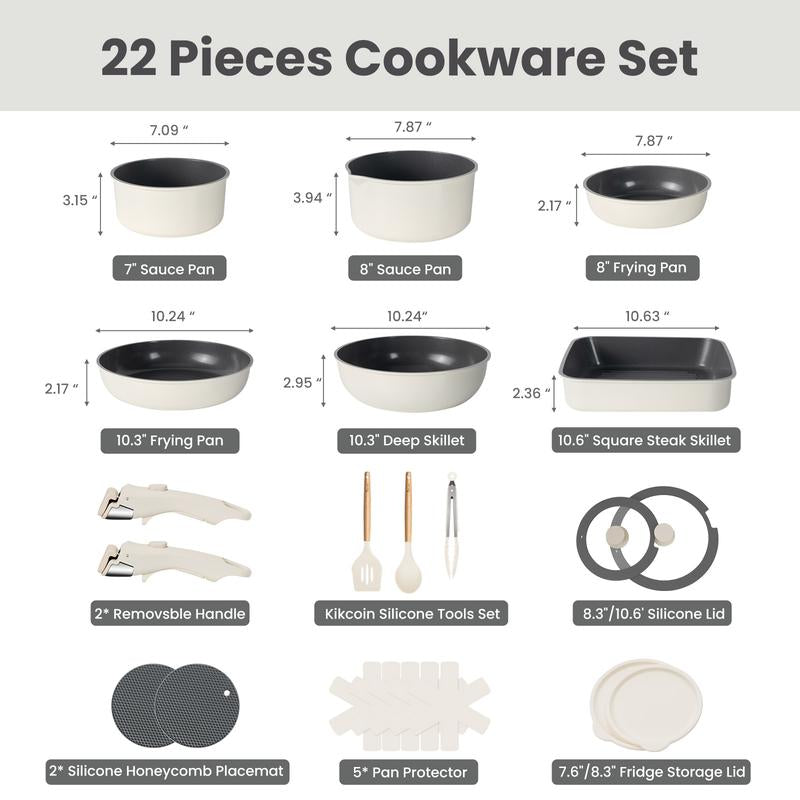 Kikcoin Non-Toxic Nonstick Ceramic 22 Pcs Pots and Pans Set Complete Cookware Set with Lids,Detachable Handle,Pfas-Free,Dishwasher Oven Safe,Kitchen Outdoorfun Induction Compatible Handwashing Recommended, Stovetops