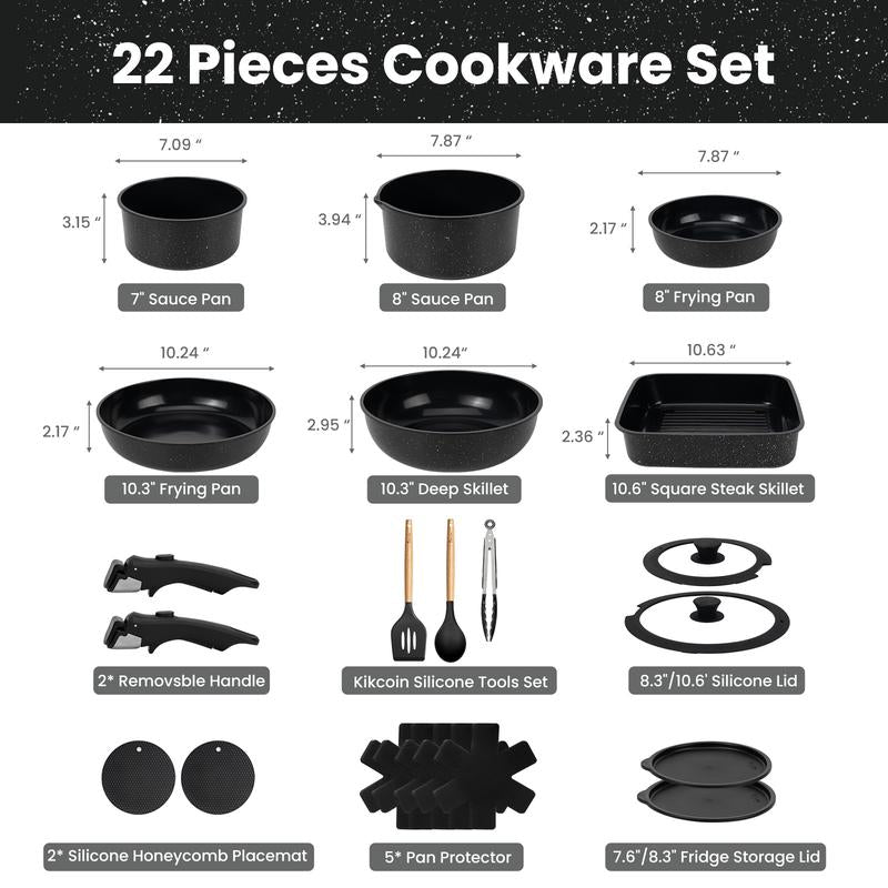 Kikcoin Non-Toxic Nonstick Ceramic 22 Pcs Pots and Pans Set Complete Cookware Set with Lids,Detachable Handle,Pfas-Free,Dishwasher Oven Safe,Kitchen Outdoorfun Induction Compatible Handwashing Recommended, Stovetops