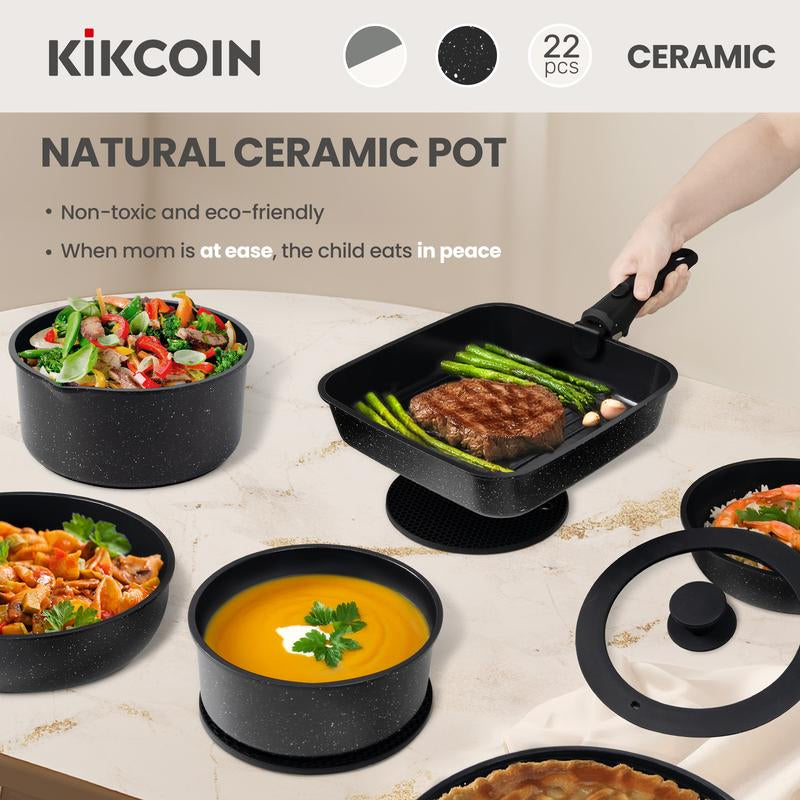 Kikcoin Non-Toxic Nonstick Ceramic 22 Pcs Pots and Pans Set Complete Cookware Set with Lids,Detachable Handle,Pfas-Free,Dishwasher Oven Safe,Kitchen Outdoorfun Induction Compatible Handwashing Recommended, Stovetops