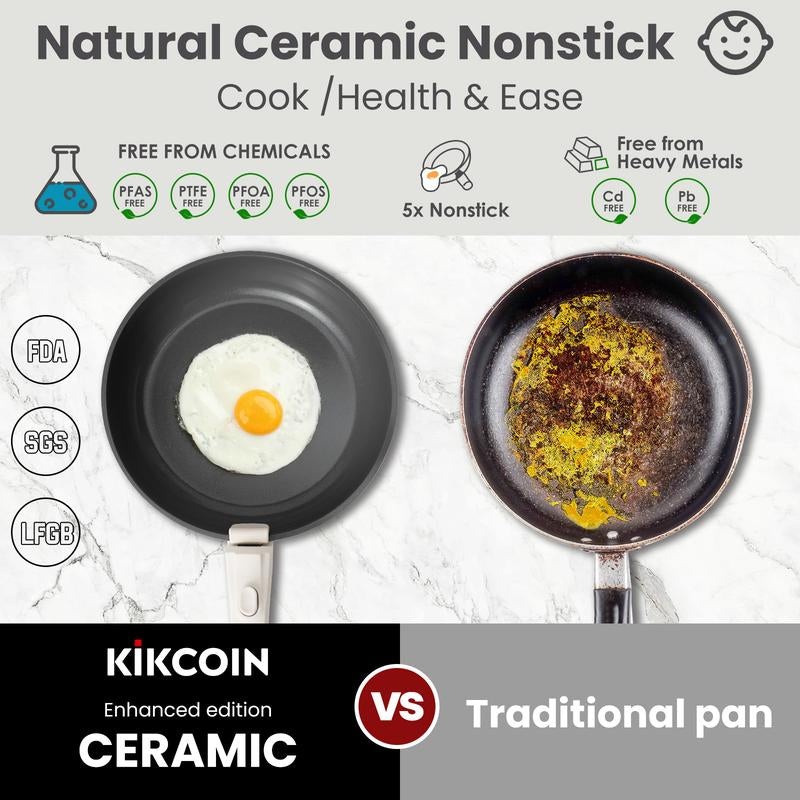 Kikcoin Non-Toxic Nonstick Ceramic 22 Pcs Pots and Pans Set Complete Cookware Set with Lids,Detachable Handle,Pfas-Free,Dishwasher Oven Safe,Kitchen Outdoorfun Induction Compatible Handwashing Recommended, Stovetops