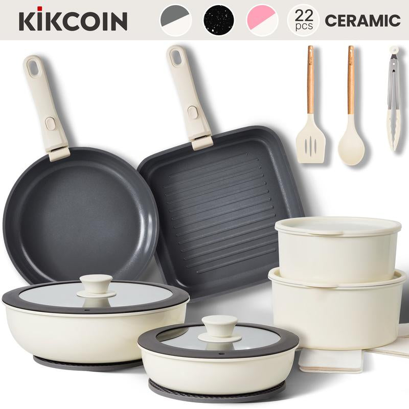 Kikcoin Non-Toxic Nonstick Ceramic 22 Pcs Pots and Pans Set Complete Cookware Set with Lids,Detachable Handle,Pfas-Free,Dishwasher Oven Safe,Kitchen Outdoorfun Induction Compatible Handwashing Recommended, Stovetops